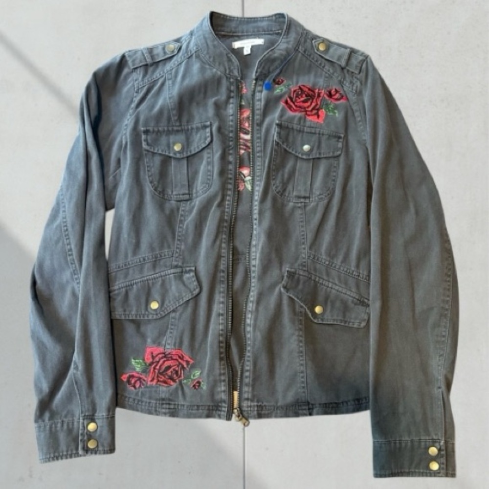 Gray Utility Jacket with Floral Rose Embroidery Size Small